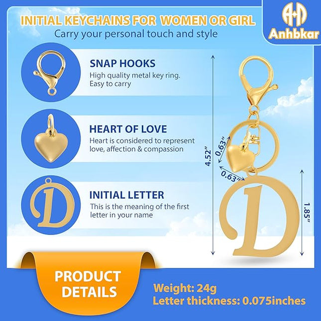 A-Z Heart Initial Letter Keychain, Stainless Steel Alphabet Charm for Handbags, Gift for Women and Girls