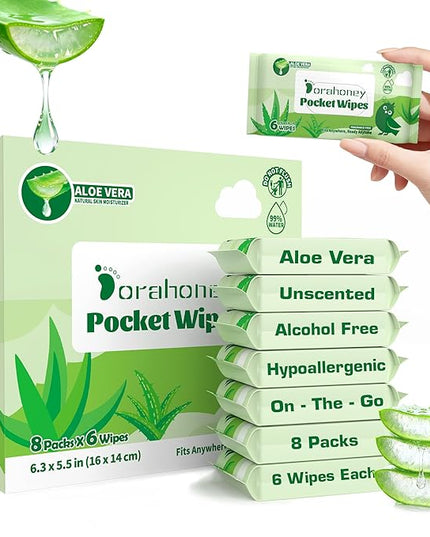 Unscented Wet Wipes Travel Size with Aloe Vera, Hypoallergenic Pocket Wipes for Sensitive Skin, 99% Water Moisturizing Mini Wipes Travel Essentials, 48 Count (8 Packs of 6)