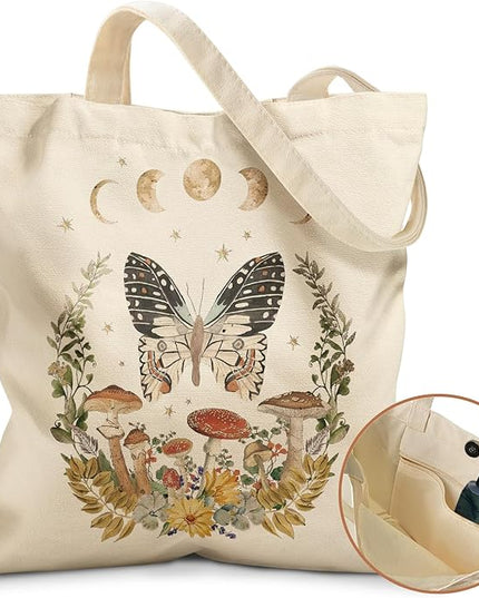 Aesthetic Tote Bag for Girls - with Magnetic Buckle and Zipper Inner Pocket for Women Lady Canvas Cotton Tote Bag