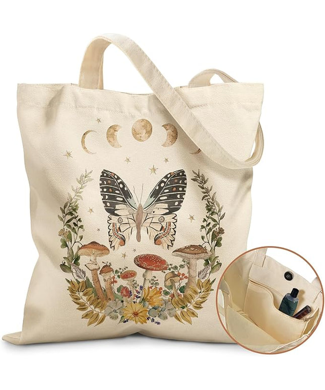 Aesthetic Tote Bag for Girls - with Magnetic Buckle and Zipper Inner Pocket for Women Lady Canvas Cotton Tote Bag
