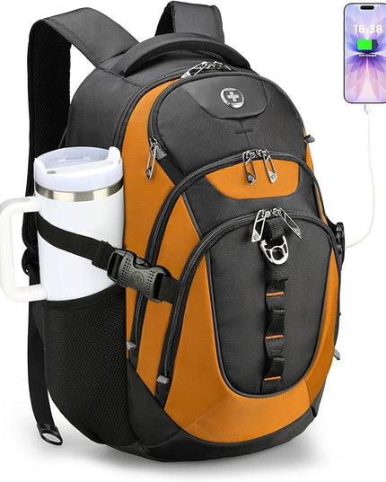 Swissdigital Design Laptop Backpack with USB Charging Port, Travel Backpack Fits 15.6 inches Computer, 31L College School Backpack for Men, Orange/Black | SD803-66