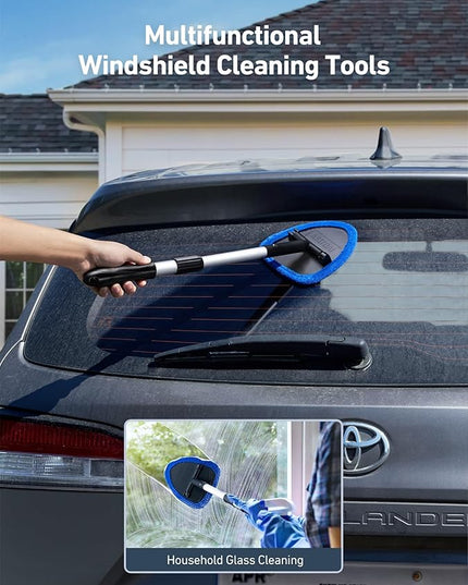 AstroAI Windshield Cleaner Tool, Car Interior Window Detailing Cleaning Kit with Extendable Handle and 4 Easy-to-Install Reusable Microfiber Pads, Auto Glass Wiper Brush Kit for Car&Home, Blue, 21in
