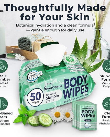 Body Wipes for Women, Extra Moist No Rinse Bathing Sheets 4pk, 200 XL Shower Cloths + 16 Deodorizing Bath Wipes -10 x 11.5" Travel Size Essentials,Toiletries for Womens Hygiene & Post Workout Cleanup