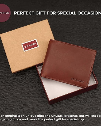 BOTANNER Genuine Leather Bifold Mens Wallet Slim RFID Blocking 5 Credit Card Slots 1 ID Window 2 Sections for Bills 2 Additional Slots | Dark walnut brown