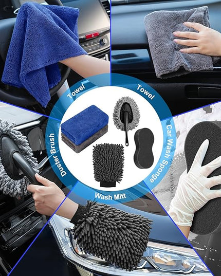 AUTODECO 40Pcs Car Wash Detailing Kit Cleaning Kits with Foam Gun Sprayer Vacuum with Long Cord Drill Brush Large Wash Mitt Towels Complete Interior Exterior Car Washing Supply Set Black