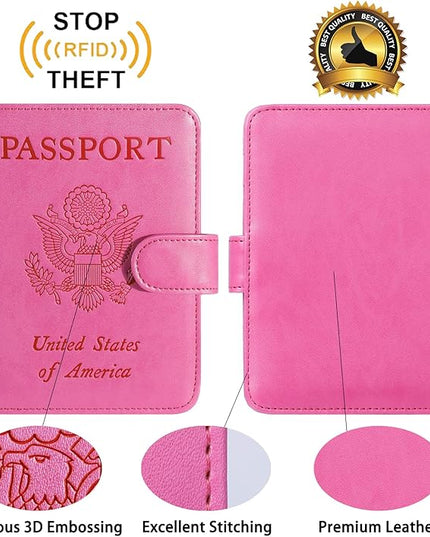 Passport Holder Cover Wallet RFID Blocking Leather Card Case Travel Accessories for Women Men (Pink)