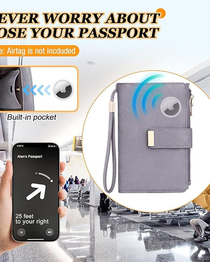 HUANLANG Passport Holder with Airtag for Women/Men, Airtag Passport Wallet for Travel Leather Passport Holder RFID Blocking,Travel Passport Walelt with Credit Card Holder