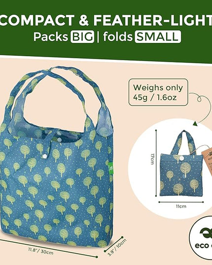 ECO CHIC Foldable Reusable Grocery Bags - Lightweight, Recycled & Reusable Shopping Bag - Waterproof Packable Tote