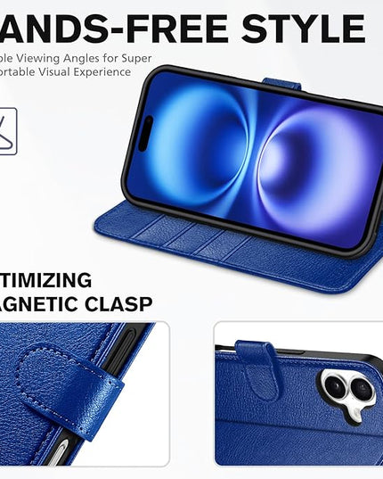 TUCCH Wallet Case for iPhone 16, Kickstand [RFID Blocking] [4 Card Slots] TPU Interior Protective Case, Magnetic Folio Shockproof PU Leather Flip Cover Compatible with iPhone 16 5G, Klein Blue