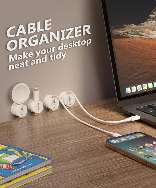 Magnetic Cable Clips 360° Rotation Cord Holder, 6Pack Cord Organizer 1s Lock Cable Smooth Adjustable Desk Organizers and Accessories, Adhesive Cord Clips for Nightstand,Phone,Wall,Car,Home Office