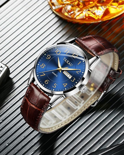 Men Dress Watch Waterproof Leather Watches for Men with Day Date Luxury Large Arabic Numerals Analog Quartz Classic Leather Watch Easy Read relojes para Hombres