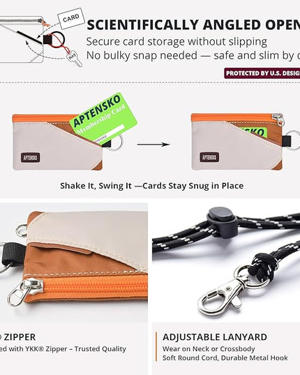 RFID Travel Wallet with Adjustable Lanyard-Zipper Small Wallet with ID Card Holder, Keychain for women&men-Minimalist Slim Waterproof Nylon case for ID, Cash, Key (Almond+Rust)