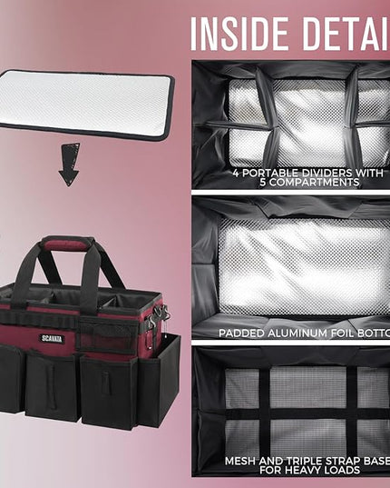 Wearable Cleaning Caddy Bag, Cleaning Caddy Supplies Organizer with Handle & Shoulder Straps for Housekeepers, Under Sink & Car Cleaning Tool Organizers with 4 Foldable Divider (Magenta)