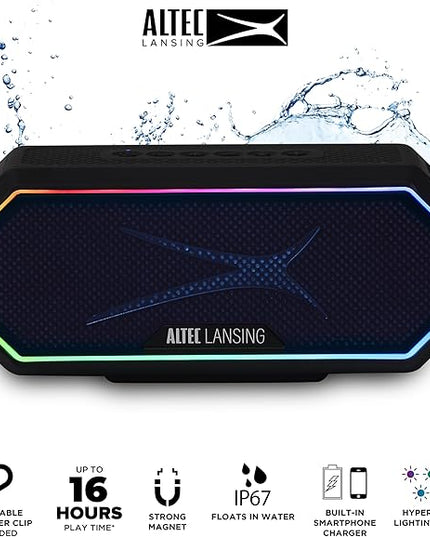Altec Lansing Magnetic Bluetooth Speaker HYDRAJOLT 2.0, Waterproof IP67, 12W Output Power, 16H Battery, Multicolor LED, 100ft Wireless Range, Voice Assistant, USB-C Quick Charge