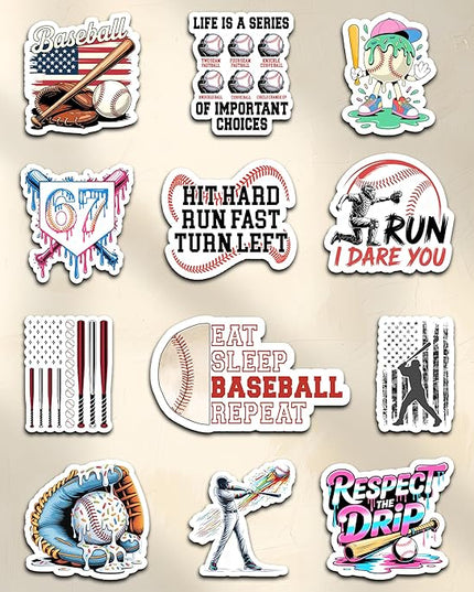 12PCS Baseball Stickers for Boys Kids, Baseball Stickers for Water Bottles Helmet, Baseball Vinyl Stickers Waterproof, Baseball Helmet Decal