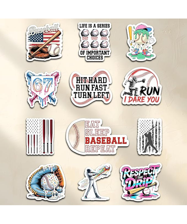 12PCS Baseball Stickers for Boys Kids, Baseball Stickers for Water Bottles Helmet, Baseball Vinyl Stickers Waterproof, Baseball Helmet Decal