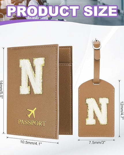 PATIKIL Passport Holder for Travel, Initial Passport Cover and Luggage Tag Set with Alphabet Chenille Letter Patch Travel Wallet Bag Suitcase Identifier for Women Family Travel Brown N