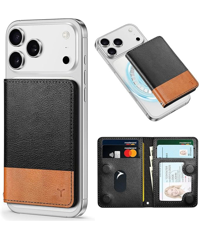 TUCCH for Magsafe Card Holder with Clear ID Window, Fit 6 Cards, RFID Blocking PU Leather Magnetic Phone Wallet for iPhone 17/16/15/14/13/12/Plus/Air/Pro/Pro Max Series, Textured Black & Light Brown