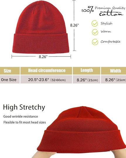 100% Cotton Beanie Hat- Unisex Ultra Soft Winter Warm Stretch Knit Cuffed Hats Fisherman Beanies Skull Cap