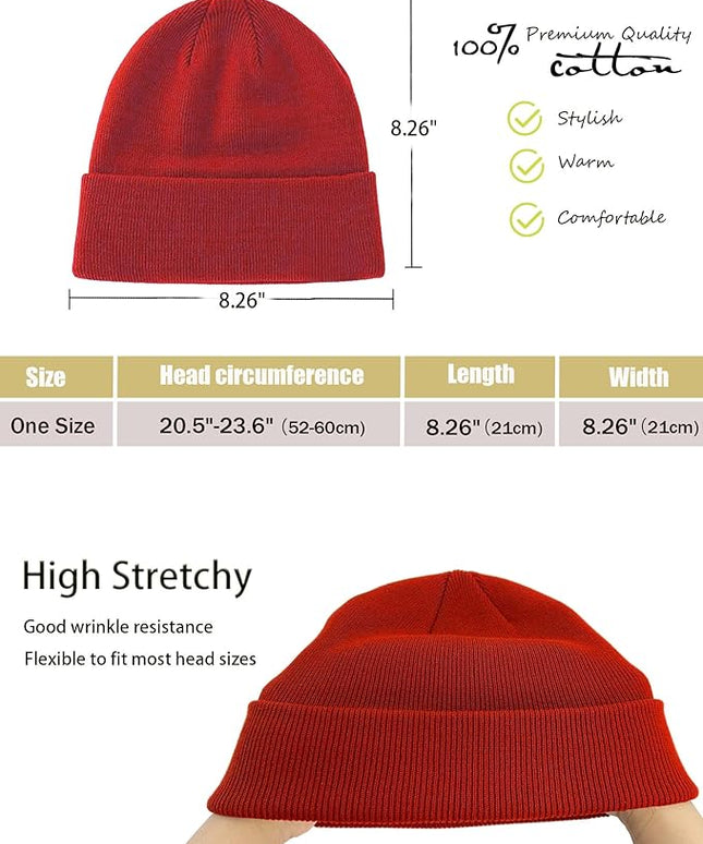 100% Cotton Beanie Hat- Unisex Ultra Soft Winter Warm Stretch Knit Cuffed Hats Fisherman Beanies Skull Cap