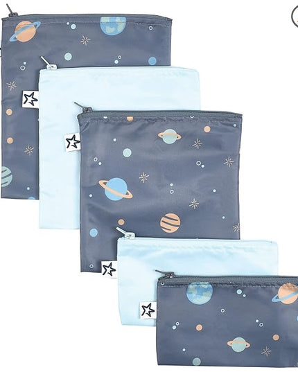Tiny Twinkle 5 Pack Reusable Snack Bags - Machine Washable, PFAS, PVC, BPA, Phthalate-Free Reusable Baby and Toddler Food Safe Snack Bags (Space)