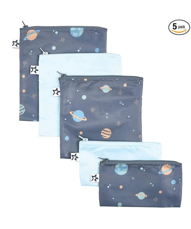 Tiny Twinkle 5 Pack Reusable Snack Bags - Machine Washable, PFAS, PVC, BPA, Phthalate-Free Reusable Baby and Toddler Food Safe Snack Bags (Space)