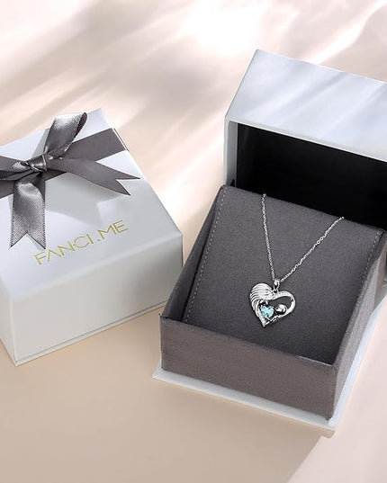 FANCIME Mom Birthstone Necklace Mother and Child Love Heart Necklace I Love You Mom Gifts Mothers Day Birthstone Jewelry Gifts for Grandmother Women Wife, 16"+2" Inches