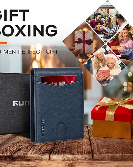 RUNBOX Wallet for Men Slim Leather Bifold RFID Blocking Minimalist Front Pocket Design with Gift Box