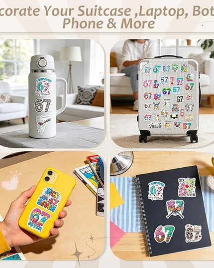 67 Stickers (104PCS), Waterproof Vinyl 6 7 Meme Stickers for Laptop, Water Bottle, Car, Phone Case, 67 Stuff for Adults Teens, 6–7 Meme Gifts
