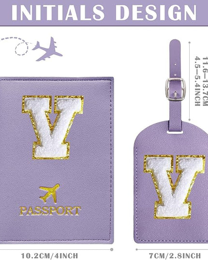 COSHAYSOO Purple Passport Cover and Initial Luggage Tag Set for Women Passport Holder International European Travel Must Have Accessories Letter V