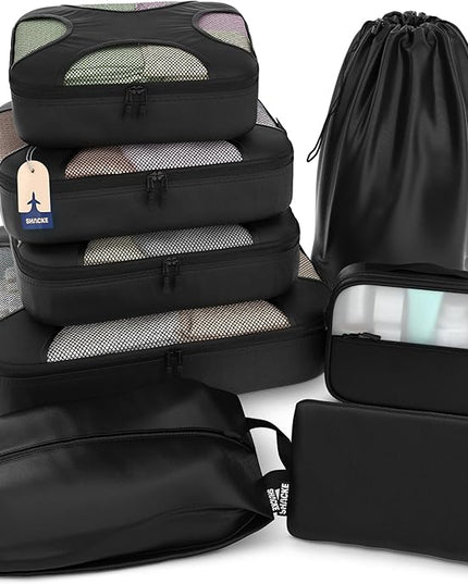 Shacke Premium 8 Packing Cubes Set - Lightweight Mesh Travel Luggage Organizers with Laundry Bag, 8-Piece Suitcase Storage System (Black)