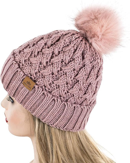 PAGE ONE Womens Winter Ribbed Beanie Crossed Cap Chunky Cable Knit Pompom Soft Warm Hat
