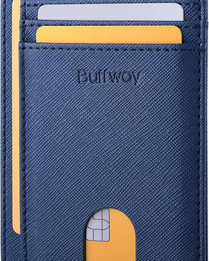 Buffway Slim Minimalist Front Pocket RFID Blocking Leather Wallets for Men and Women - Cross Blue