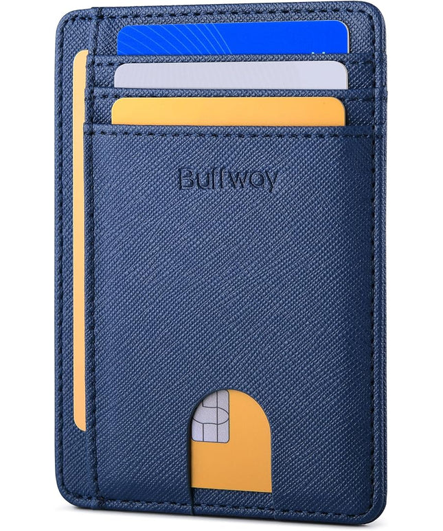 Buffway Slim Minimalist Front Pocket RFID Blocking Leather Wallets for Men and Women - Cross Blue