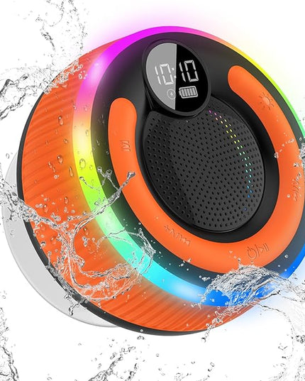 Bluetooth Speaker, Stereo Sound Shower Speaker, IPX7 Waterproof, Digital Display Portable Speaker with Suction Cup, LED Light, Small Wireless Speakers for Outdoor Party Beach Bathroom, Orange