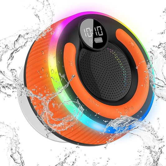 Bluetooth Speaker, Stereo Sound Shower Speaker, IPX7 Waterproof, Digital Display Portable Speaker with Suction Cup, LED Light, Small Wireless Speakers for Outdoor Party Beach Bathroom, Orange