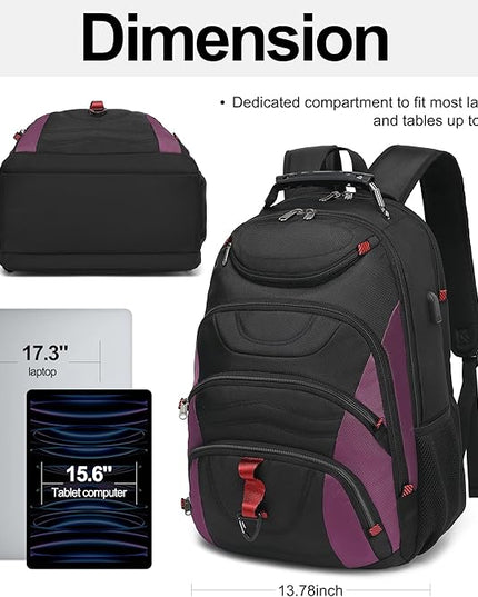 Boavan Laptop Backpack for men, 17.3 inch Laptop Bag with USB Port, Waterproof Travel Work Backpack Purse, Anti-Theft Teacher Nurse Doctor Casual Bookbags Office Business backpack，Black& Purple