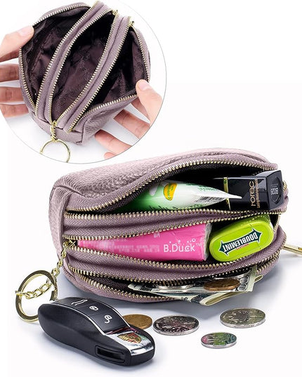 LINNO 3 Zippered Genuine Leather Coin Purse Triple Capacity Change Pouch Little Travel Wallet With Key Ring for Women