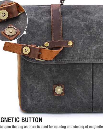 Mens Messenger Bag 15.6 Inch Waterproof Vintage Genuine Leather Waxed Canvas Briefcase Large Satchel Shoulder Bag Rugged Leather Computer Laptop Bag, Grey