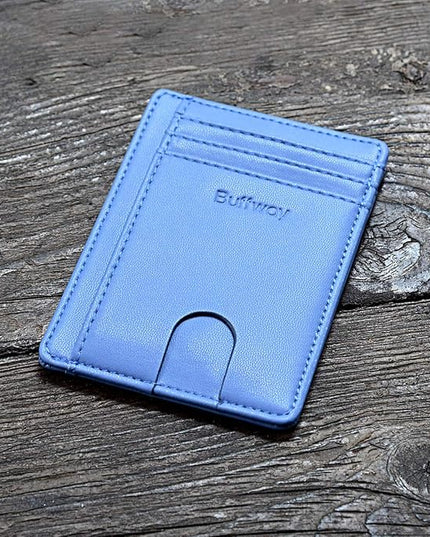 Buffway Slim Minimalist Front Pocket RFID Blocking Leather Wallets for Men and Women - Sand Wathet Blue