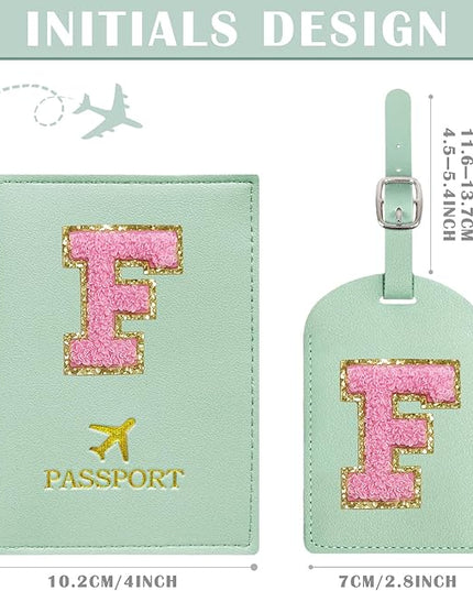 COSHAYSOO Initial Passport Cover Luggage Tag Set Letter Passport Holder for Woman College Teen Girls Airplane Cruise Travel Essentials Vacation Teal F