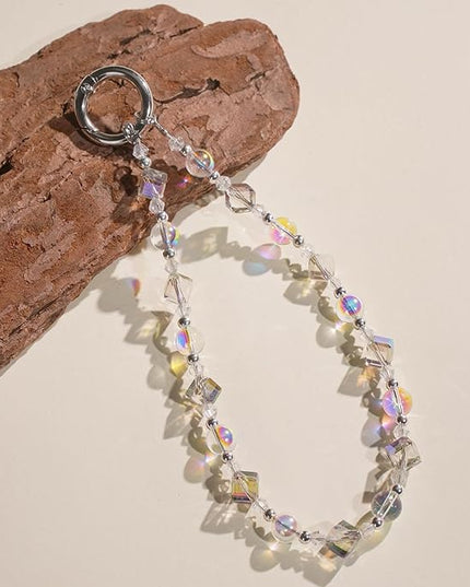 Cell Phone Wrist Strap Crystal Beaded Phone Bracelet Strap For Women Sparkling Beads Wristlet Lanyard Beaded Chain (Transparent Rainbow)