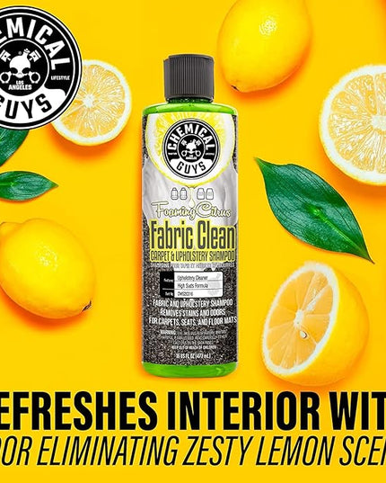 Chemical Guys Foaming Citrus Fabric Clean Drill Brush Kit - High Foaming Stain and Odor Remover, Upholstery, Floor Mat & Car Carpet Cleaner, Deep Cleans & Deodorizes, Citrus Scent - 16 fl oz