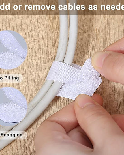 100 Pcs Hook and Loop Cable Ties, Self Adhesive Cable Management Desktop Cable Straps, Adjustable Cord Organizer for Desk Home Office Organization (White)