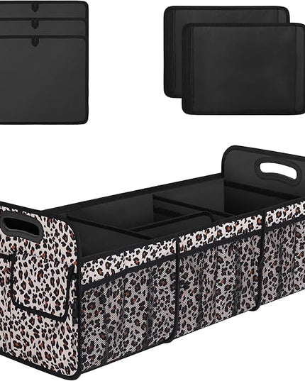 Femuar Collapsible Trunk Organizer - 90L Large Capacity with 15 Pockets, Waterproof for SUV/Car/Jeep/Sedan, Extra Large Leopard Print