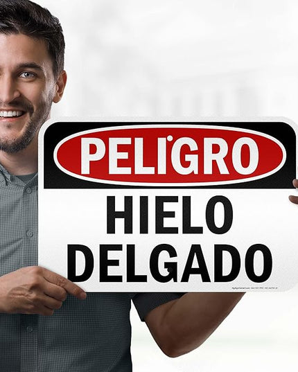 Danger Thin Ice Spanish Sign, 12x18 Inches, 3M EGP Reflective .063 Aluminum, Fade Resistant, Made in USA by My Sign Center