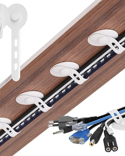 Nearockle Cable Management Under Desk, Adjustable Self-Adhesive Silicone Cable Ties Cord Organizer, Reusable Heavy-Duty Cord Holder Under Table for Office, Home, School (10Pcs-White)