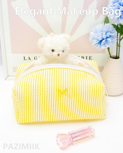 PAZIMIIK 2PCS Cozy Makeup Bag Small Aesthetic Travel Zipper Cosmetic Pouch for Women Make Up Beauty Accessories Brushes, Stripe Yellow