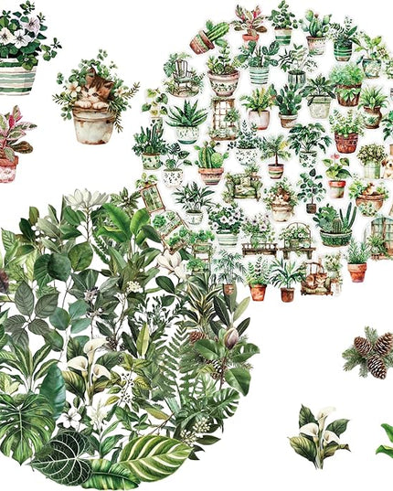 100PCS Green Plant Transparent Stickers,Potted Plant Floral Decals Stickers for Scrapbook Laptop Water Bottles Phone Guitar Decals for Adults (Green Plants)