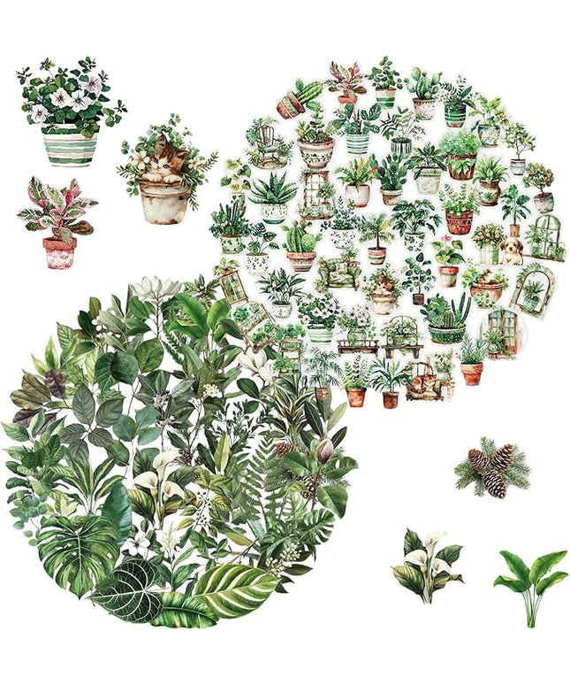 100PCS Green Plant Transparent Stickers,Potted Plant Floral Decals Stickers for Scrapbook Laptop Water Bottles Phone Guitar Decals for Adults (Green Plants)
